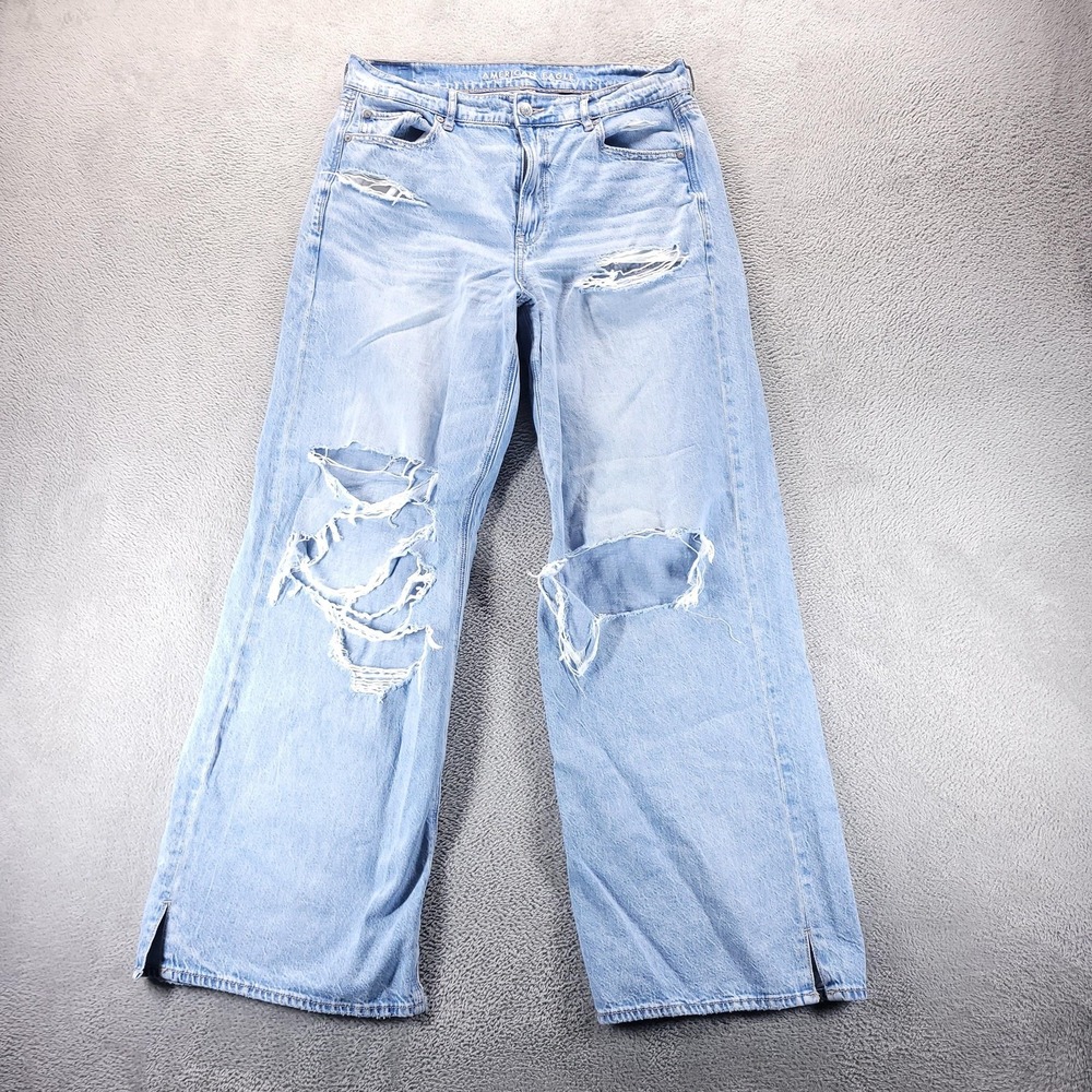 American Eagle Jeans Womens 10 Blue Super High Rise Baggy Wide Leg Distressed